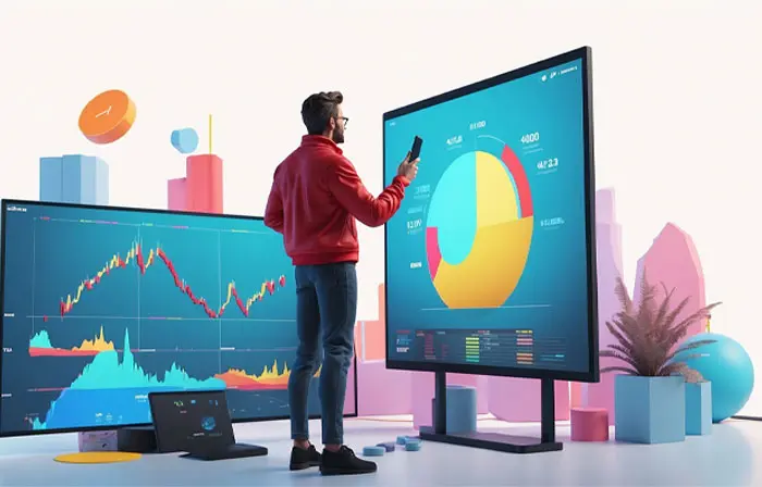 A Man Is Shown Analyzing the Growth of Stock Market on a Monitor in a 3D Illustration
